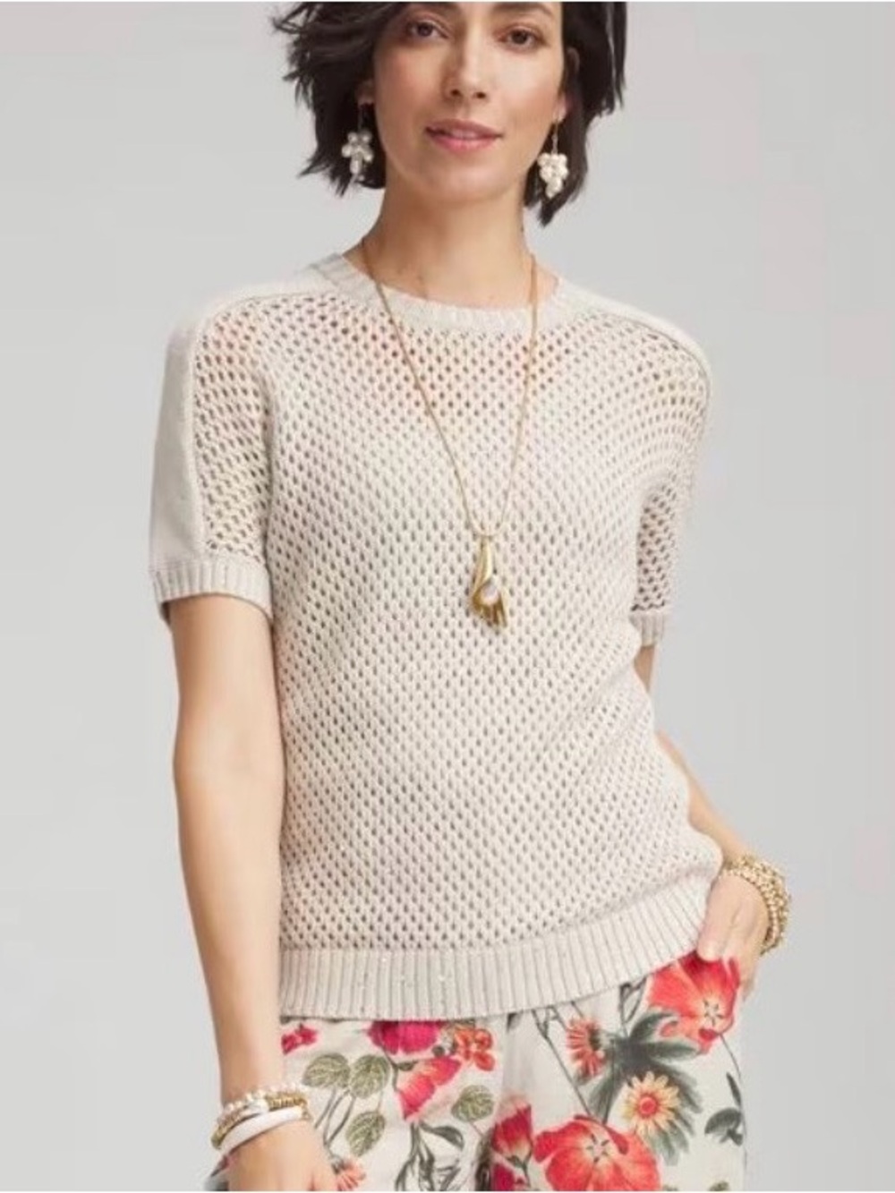 NWT Chico's Dolman Short Sleeved Open Knit Crewneck Sweater with Subtle Sequins